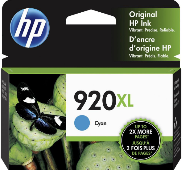 HP 920XL High Yield Cyan Ink Cartridge for HP Officejet 6000, 6500, 6500A, 7500A - CD972AN